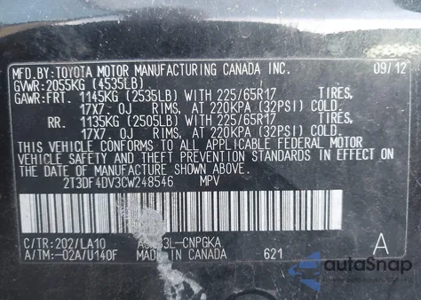 2012 Toyota Rav4 Limited from USA, damaged, VIN 2T3DF4DV3CW248546